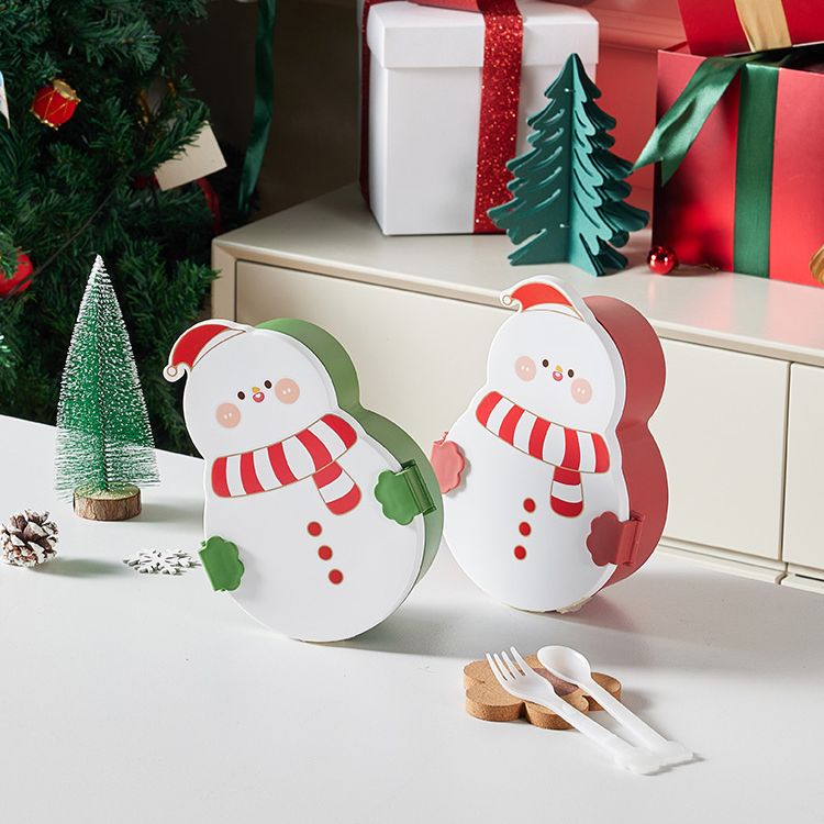 Red-accented snowman 2-compartment lunch box with a playful snowman design on a white background, featuring bright red accents for a festive look.